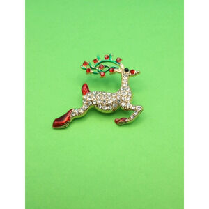 Christmas Reindeer Brooch Pin Clear Red Rhinestones Red Enamel Accents Gold Tone